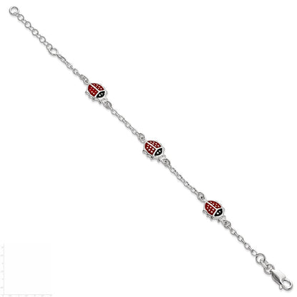 6 Zoll Sterlingsilber Mehrfarbig Emaille Ladybugs mit 1 Zoll Verlängerung. Kinder Armband