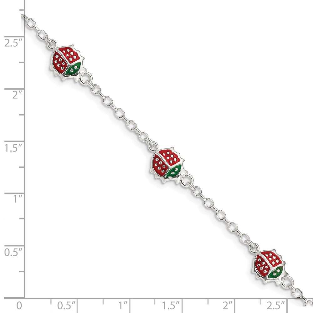6 Zoll Sterlingsilber Mehrfarbig Emaille Ladybugs mit 1 Zoll Verlängerung. Kinder Armband