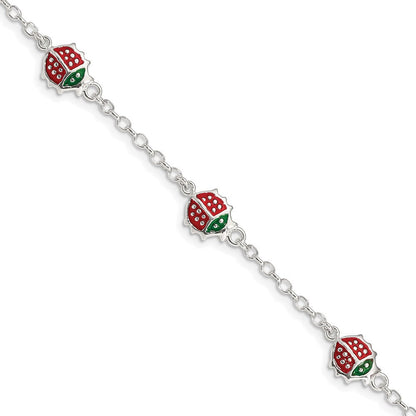6 Zoll Sterlingsilber Mehrfarbig Emaille Ladybugs mit 1 Zoll Verlängerung. Kinder Armband