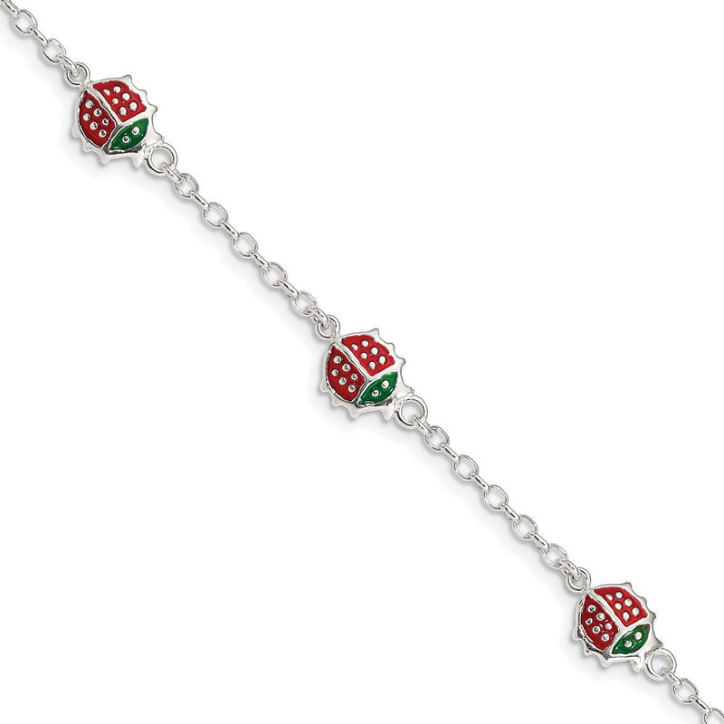 6 Zoll Sterlingsilber Mehrfarbig Emaille Ladybugs mit 1 Zoll Verlängerung. Kinder Armband