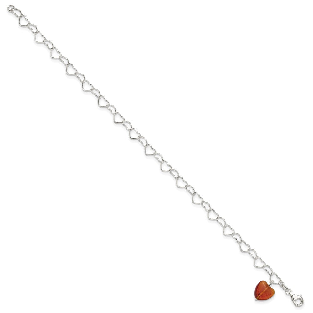 Sterlingsilber Glieder Orange Synthetisch Kristall Stein Herz Fußkettchen