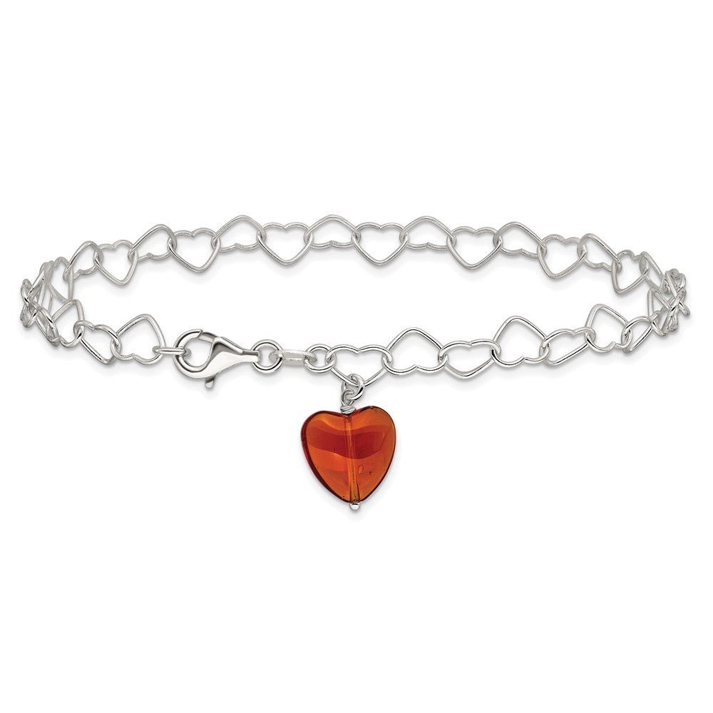 Sterlingsilber Glieder Orange Synthetisch Kristall Stein Herz Fußkettchen