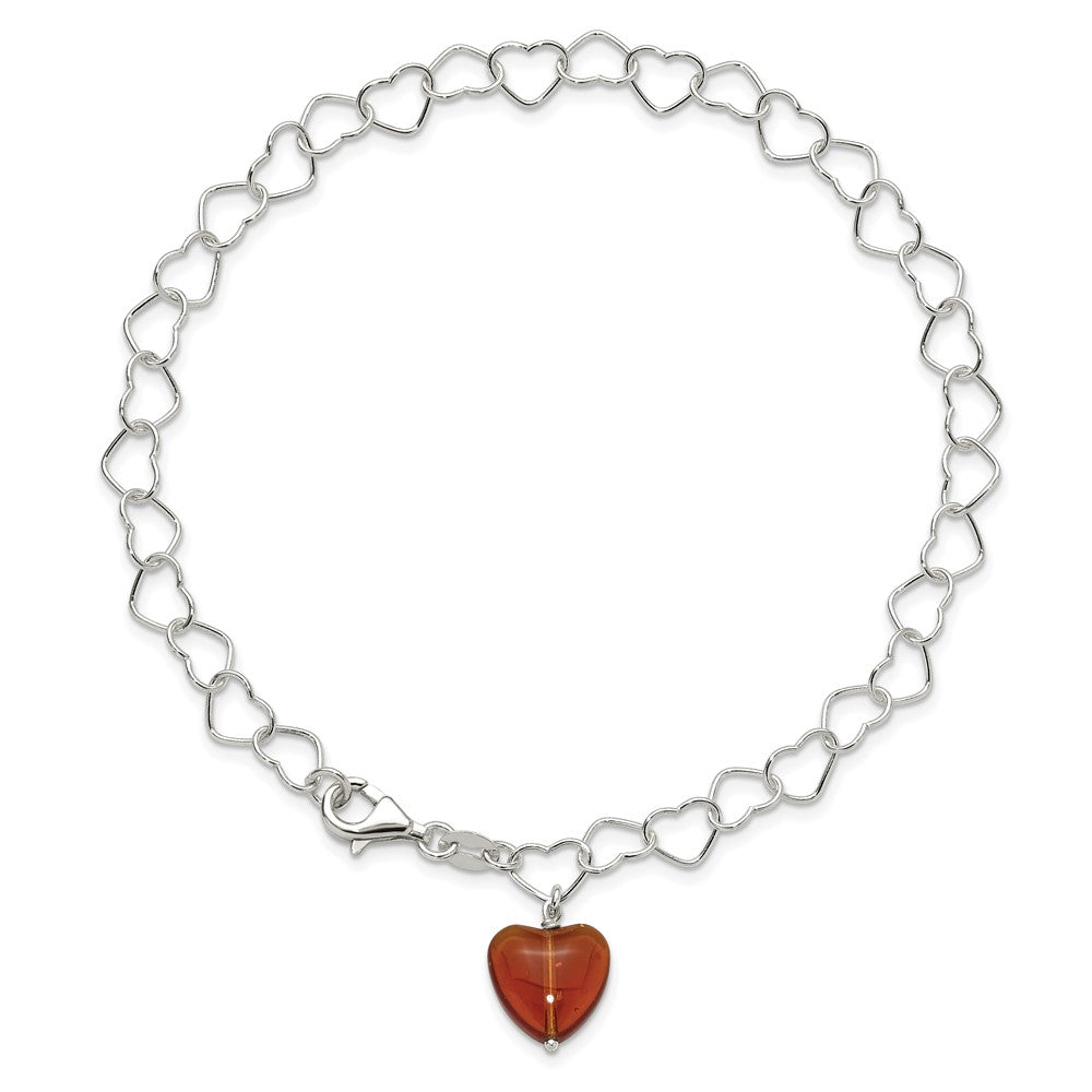 Sterlingsilber Glieder Orange Synthetisch Kristall Stein Herz Fußkettchen