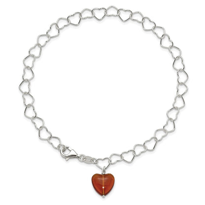 Sterlingsilber Glieder Orange Synthetisch Kristall Stein Herz Fußkettchen