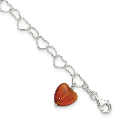 Sterlingsilber Glieder Orange Synthetisch Kristall Stein Herz Fußkettchen