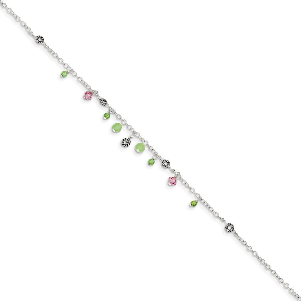 Sterlingsilber 9 Zoll Rosa Kristall Grün Quarz Peridot Perlen Fußkettchen