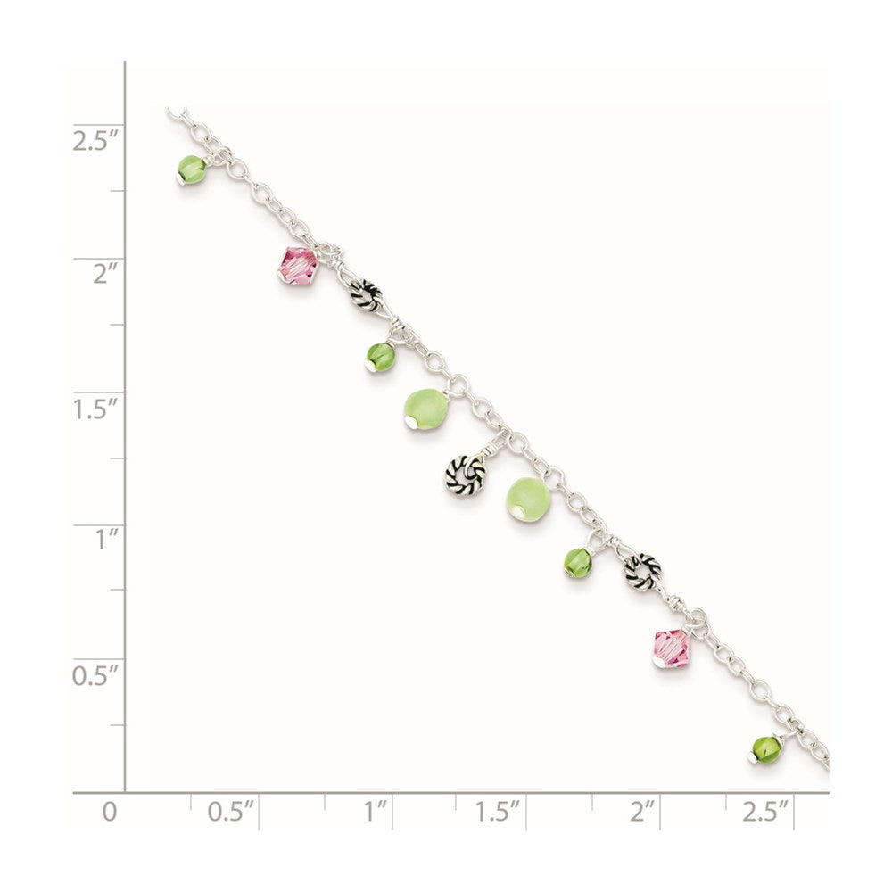 Sterlingsilber 9 Zoll Rosa Kristall Grün Quarz Peridot Perlen Fußkettchen