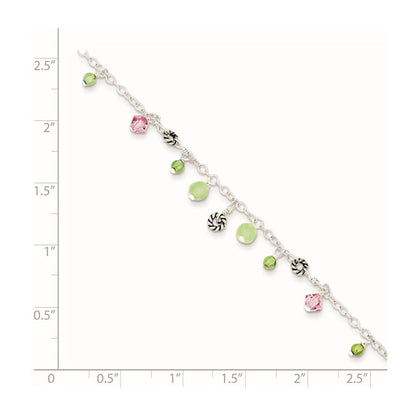 Sterlingsilber 9 Zoll Rosa Kristall Grün Quarz Peridot Perlen Fußkettchen