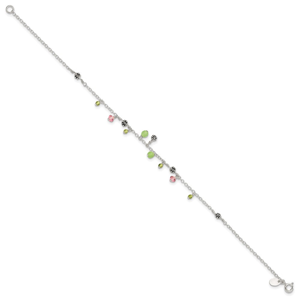 Sterlingsilber 9 Zoll Rosa Kristall Grün Quarz Peridot Perlen Fußkettchen