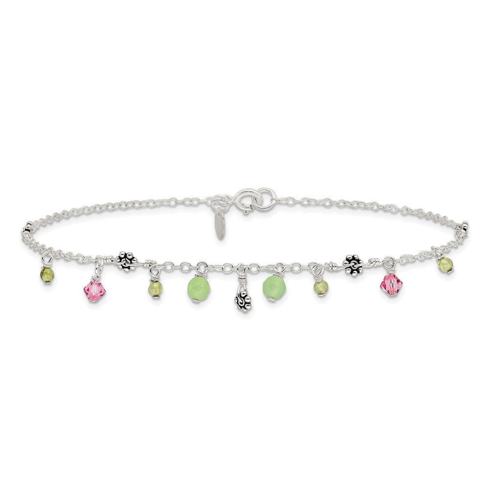 Sterlingsilber 9 Zoll Rosa Kristall Grün Quarz Peridot Perlen Fußkettchen