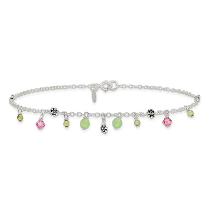 Sterlingsilber 9 Zoll Rosa Kristall Grün Quarz Peridot Perlen Fußkettchen