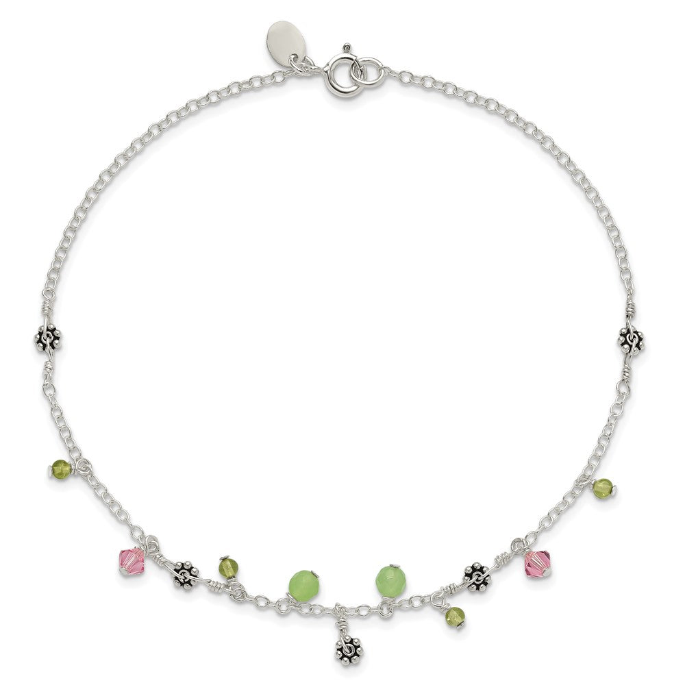 Sterlingsilber 9 Zoll Rosa Kristall Grün Quarz Peridot Perlen Fußkettchen