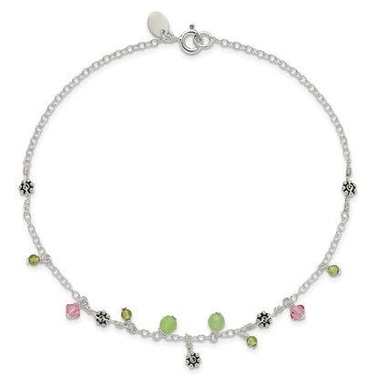 Sterlingsilber 9 Zoll Rosa Kristall Grün Quarz Peridot Perlen Fußkettchen