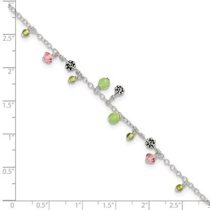 Sterlingsilber 9 Zoll Rosa Kristall Grün Quarz Peridot Perlen Fußkettchen