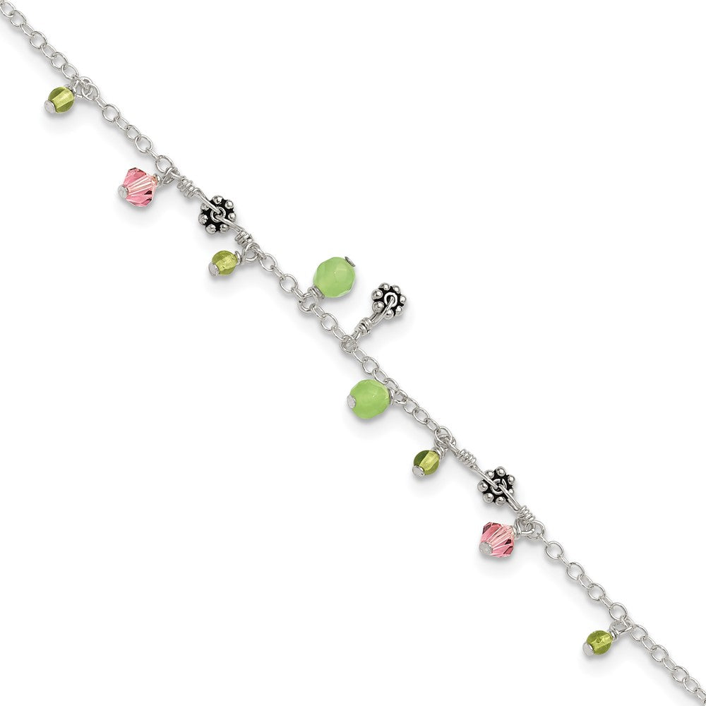 Sterlingsilber 9 Zoll Rosa Kristall Grün Quarz Peridot Perlen Fußkettchen