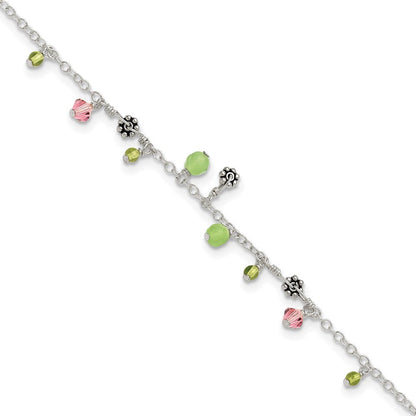 Sterlingsilber 9 Zoll Rosa Kristall Grün Quarz Peridot Perlen Fußkettchen