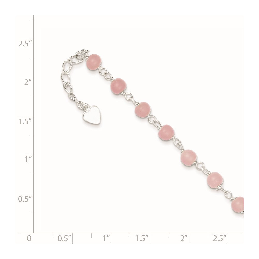 Sterlingsilber Rosa Glas Perle mit Herz 8 Zoll Plus 1 Zoll Verlängerung Fußkettchen