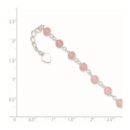 Sterlingsilber Rosa Glas Perle mit Herz 8 Zoll Plus 1 Zoll Verlängerung Fußkettchen