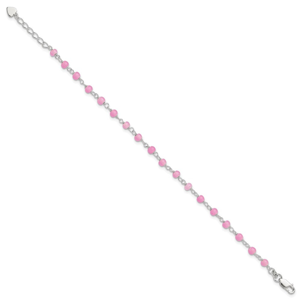 Sterlingsilber Rosa Glas Perle mit Herz 8 Zoll Plus 1 Zoll Verlängerung Fußkettchen