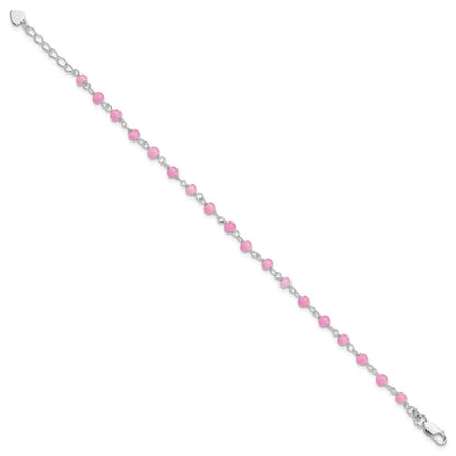 Sterlingsilber Rosa Glas Perle mit Herz 8 Zoll Plus 1 Zoll Verlängerung Fußkettchen