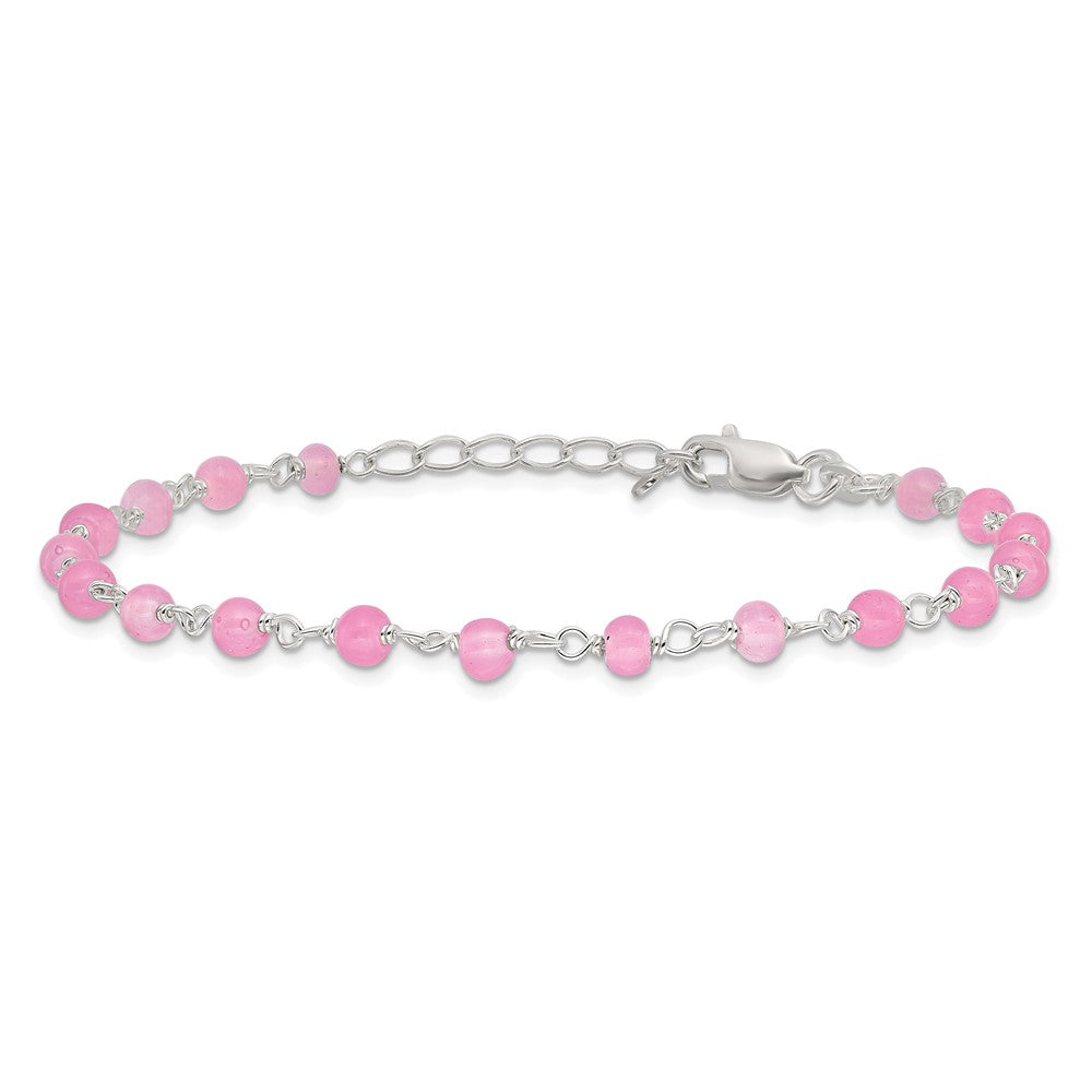 Sterlingsilber Rosa Glas Perle mit Herz 8 Zoll Plus 1 Zoll Verlängerung Fußkettchen