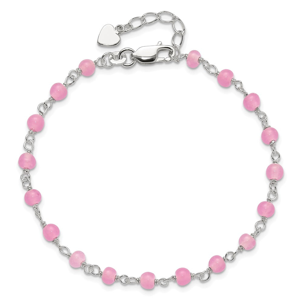 Sterlingsilber Rosa Glas Perle mit Herz 8 Zoll Plus 1 Zoll Verlängerung Fußkettchen