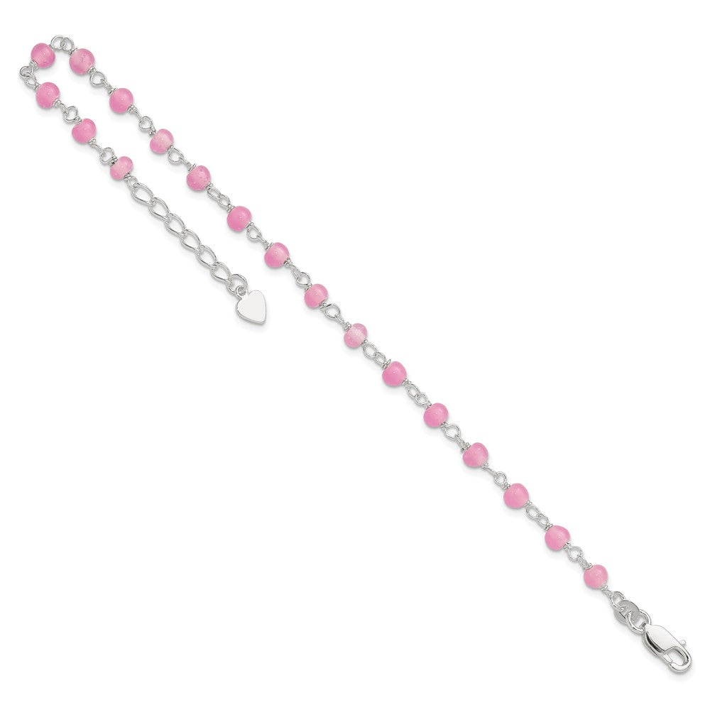 Sterlingsilber Rosa Glas Perle mit Herz 8 Zoll Plus 1 Zoll Verlängerung Fußkettchen