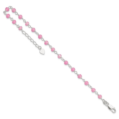 Sterlingsilber Rosa Glas Perle mit Herz 8 Zoll Plus 1 Zoll Verlängerung Fußkettchen