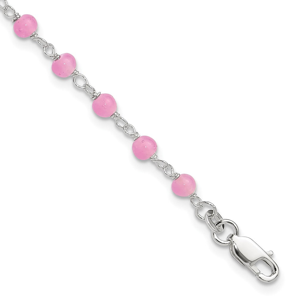 Sterlingsilber Rosa Glas Perle mit Herz 8 Zoll Plus 1 Zoll Verlängerung Fußkettchen