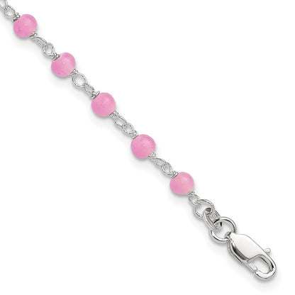 Sterlingsilber Rosa Glas Perle mit Herz 8 Zoll Plus 1 Zoll Verlängerung Fußkettchen