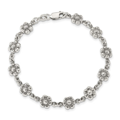 7 Zoll Sterlingsilber Antikisiert Blume Charm Armband