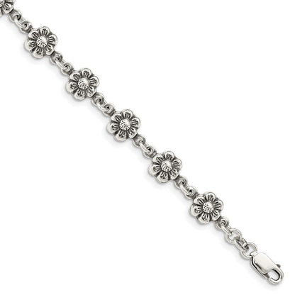 7 Zoll Sterlingsilber Antikisiert Blume Charm Armband