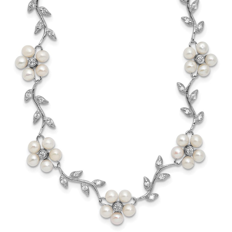 Sterlingsilber Rhodiniert Zirkonia Ranke Muster und Fresheater Zuchtperle Blumen 16 Zoll Halskette