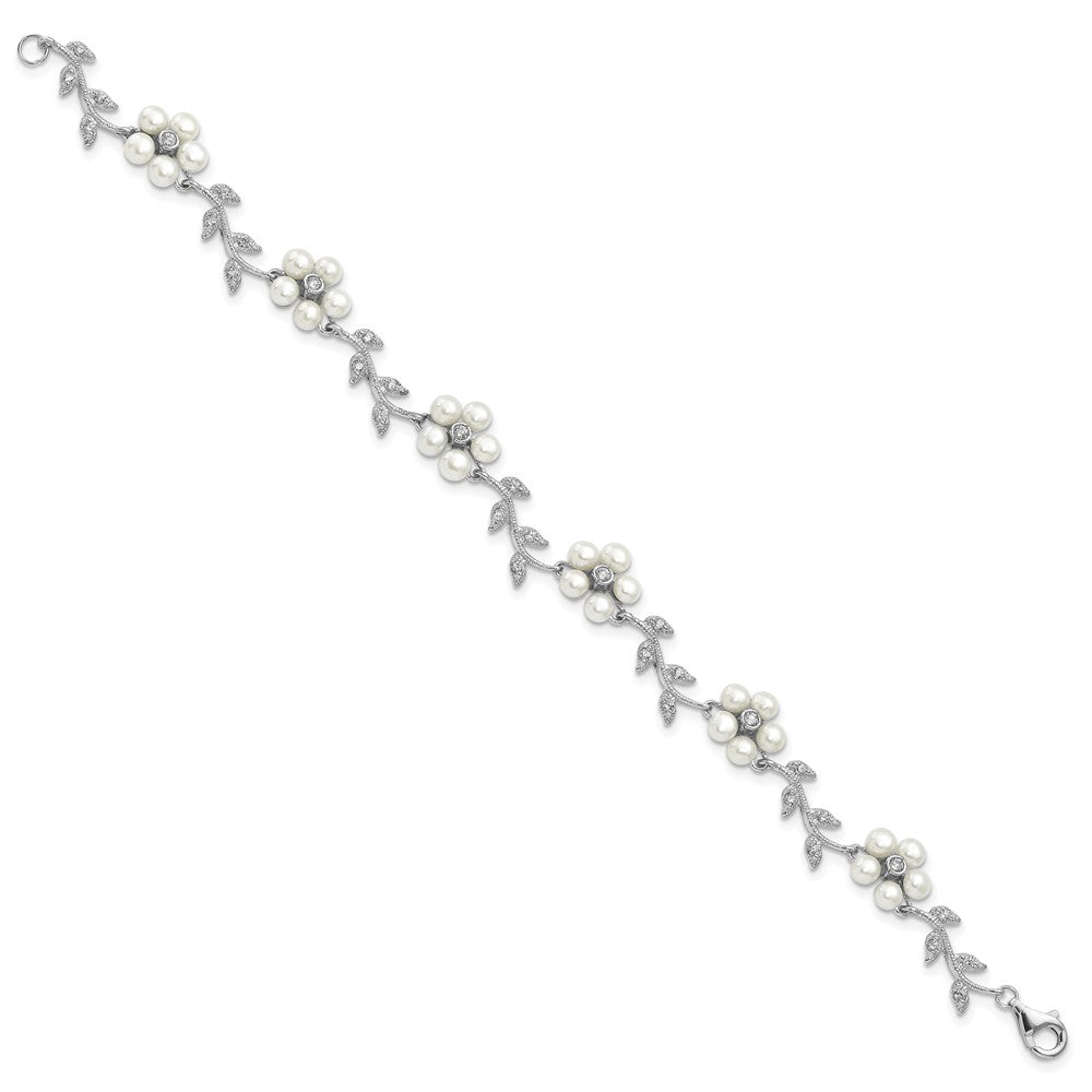 Sterlingsilber Rhodiniert Zirkonia Ranke Muster und Fresheater Zuchtperle Blumen 7 Zoll Armband