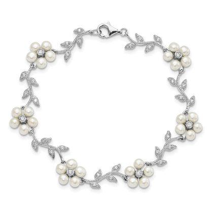 Sterlingsilber Rhodiniert Zirkonia Ranke Muster und Fresheater Zuchtperle Blumen 7 Zoll Armband