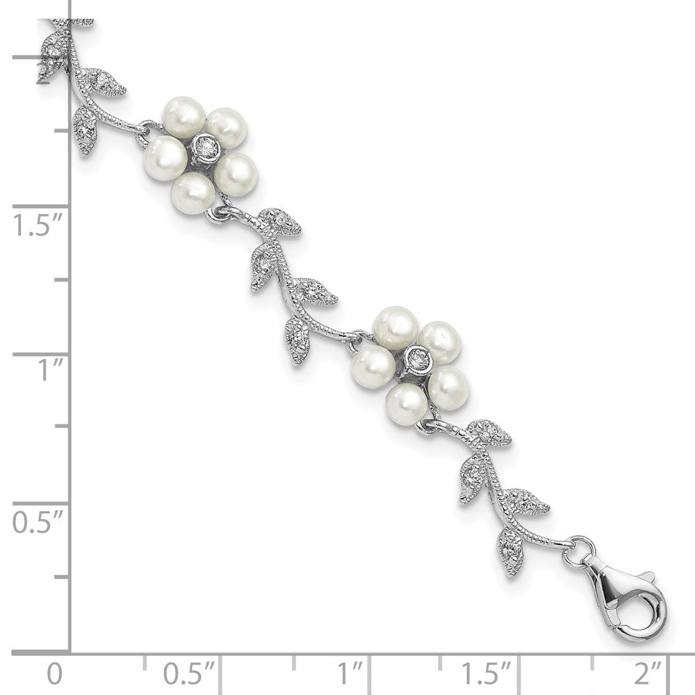 Sterlingsilber Rhodiniert Zirkonia Ranke Muster und Fresheater Zuchtperle Blumen 7 Zoll Armband