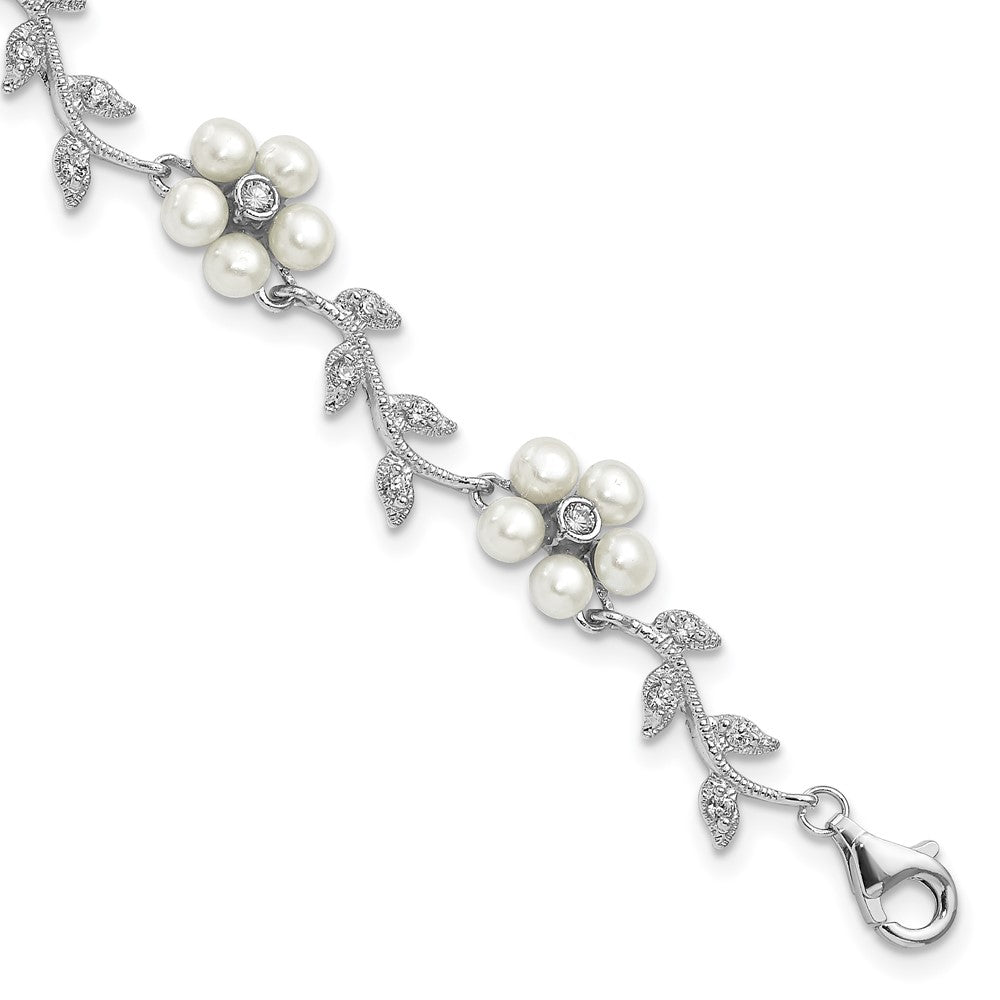 Sterlingsilber Rhodiniert Zirkonia Ranke Muster und Fresheater Zuchtperle Blumen 7 Zoll Armband
