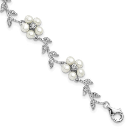 Sterlingsilber Rhodiniert Zirkonia Ranke Muster und Fresheater Zuchtperle Blumen 7 Zoll Armband