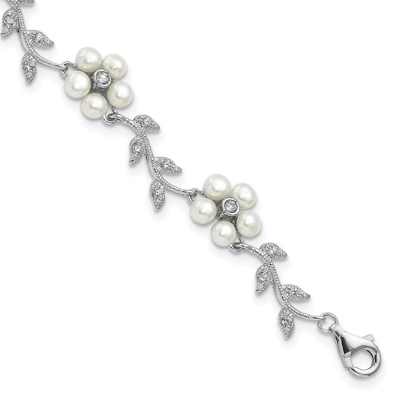 Sterlingsilber Rhodiniert Zirkonia Ranke Muster und Fresheater Zuchtperle Blumen 7 Zoll Armband