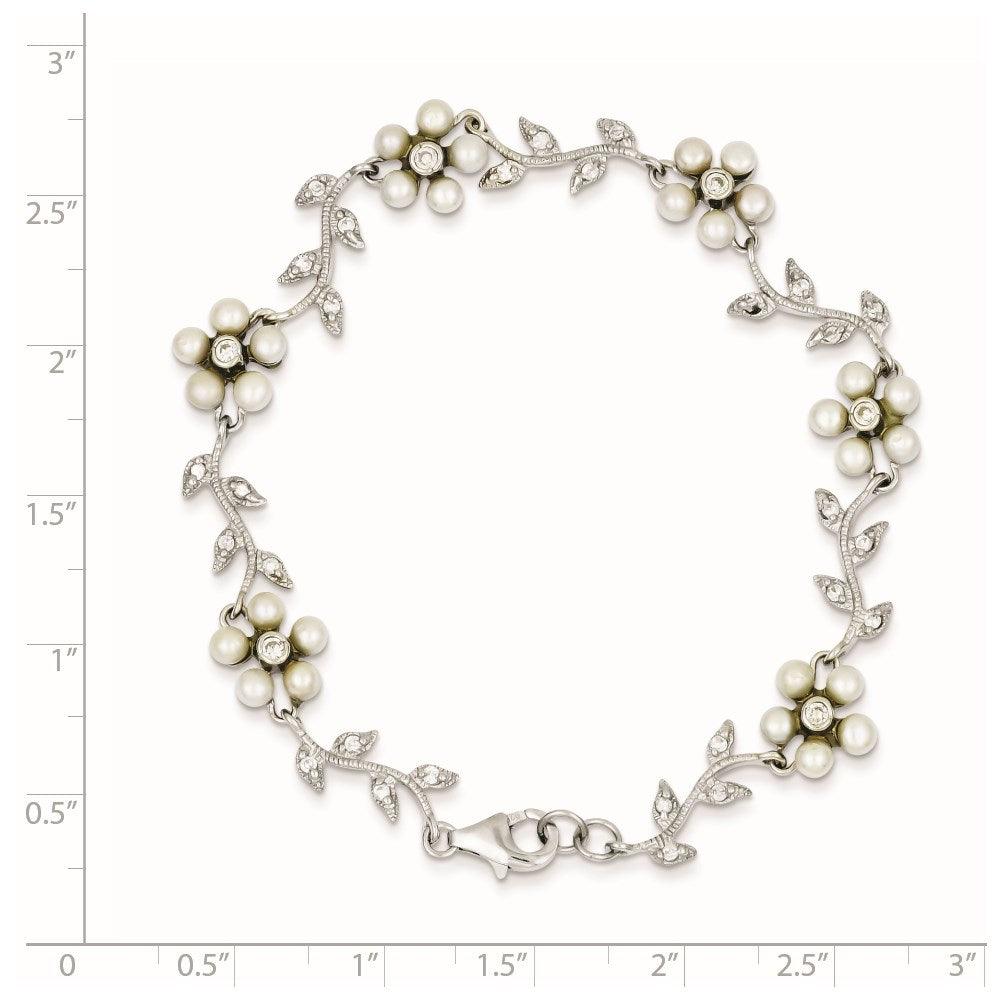 Sterlingsilber Rhodiniert Zirkonia Ranke Muster und Fresheater Zuchtperle Blumen 7 Zoll Armband