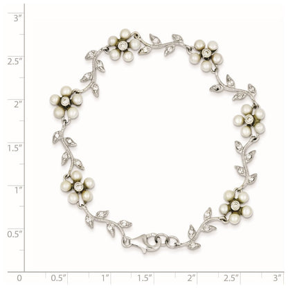 Sterlingsilber Rhodiniert Zirkonia Ranke Muster und Fresheater Zuchtperle Blumen 7 Zoll Armband