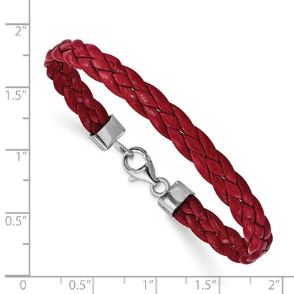 Sterlingsilber Rhodiniert Rot Geflochten Leder 7 Zoll Armband