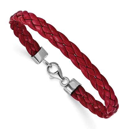 Sterlingsilber Rhodiniert Rot Geflochten Leder 7 Zoll Armband