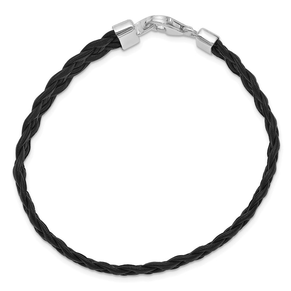 7 Zoll Sterlingsilber Rhodiniert Schwarz Geflochten Leder Armband