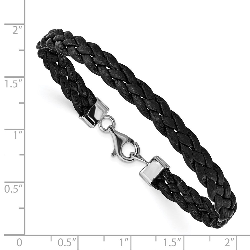 7 Zoll Sterlingsilber Rhodiniert Schwarz Geflochten Leder Armband