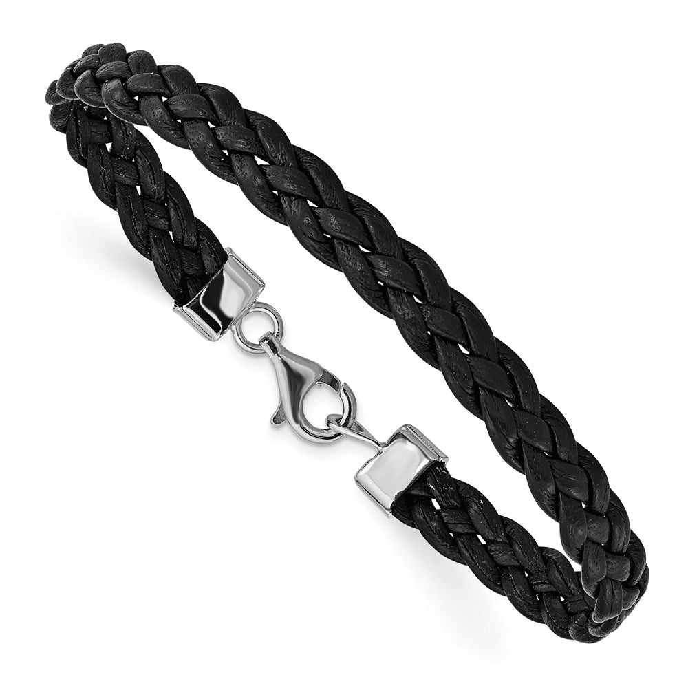 7 Zoll Sterlingsilber Rhodiniert Schwarz Geflochten Leder Armband