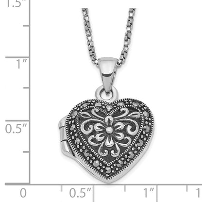 Sterlingsilber Rhodiniert Blumen Markasit Herz Medaillon 18 Zoll Halskette