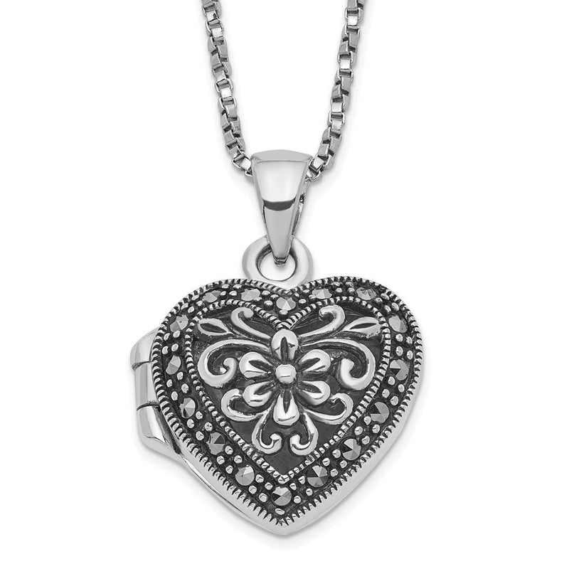 Sterlingsilber Rhodiniert Blumen Markasit Herz Medaillon 18 Zoll Halskette