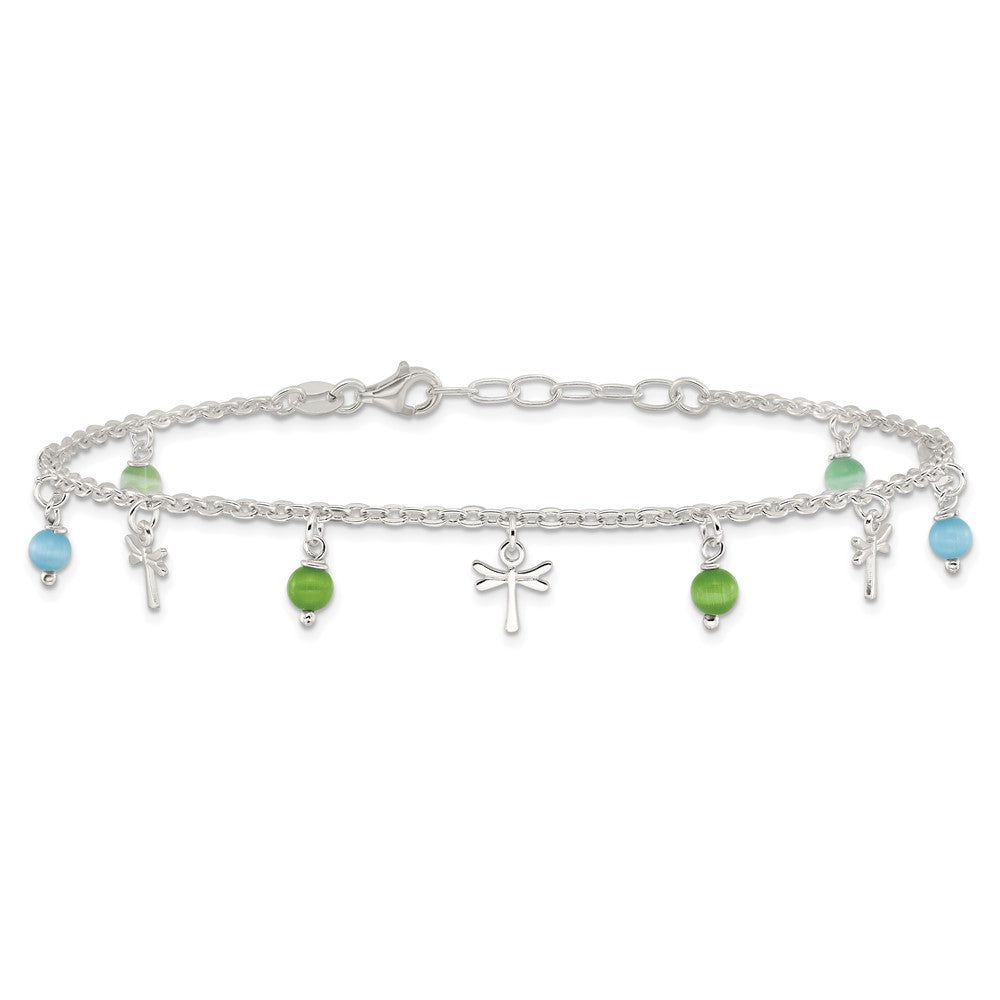 Sterlingsilber Libelle mit Aqua Grün Perlen 1ext Fußkettchen