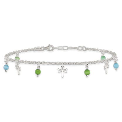 Sterlingsilber Libelle mit Aqua Grün Perlen 1ext Fußkettchen
